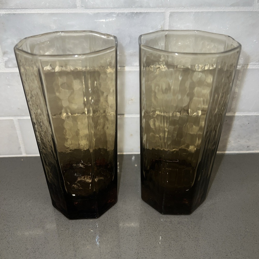2 Libbey Facets Brown 12 Oz Beverage Set Vintage 5.5" Textured Tumbler Retro Lot